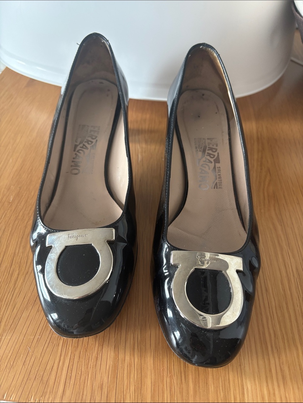 Salvatore Ferragamo Black Patent Vara Round-Toe Flats with Silver Gancini